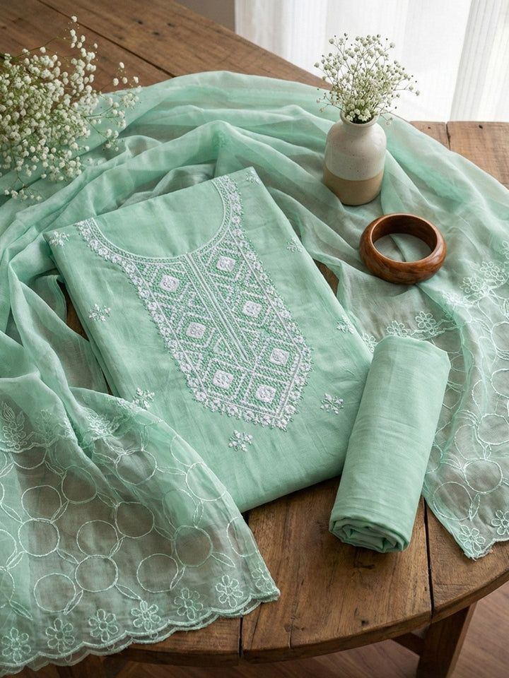 Embroidered Cotton Blend Unstitched Suit With Pant &amp; Dupatta