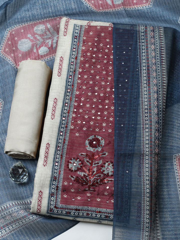 Printed Cotton Blend Unstitched Suit With Pant &amp; Dupatta