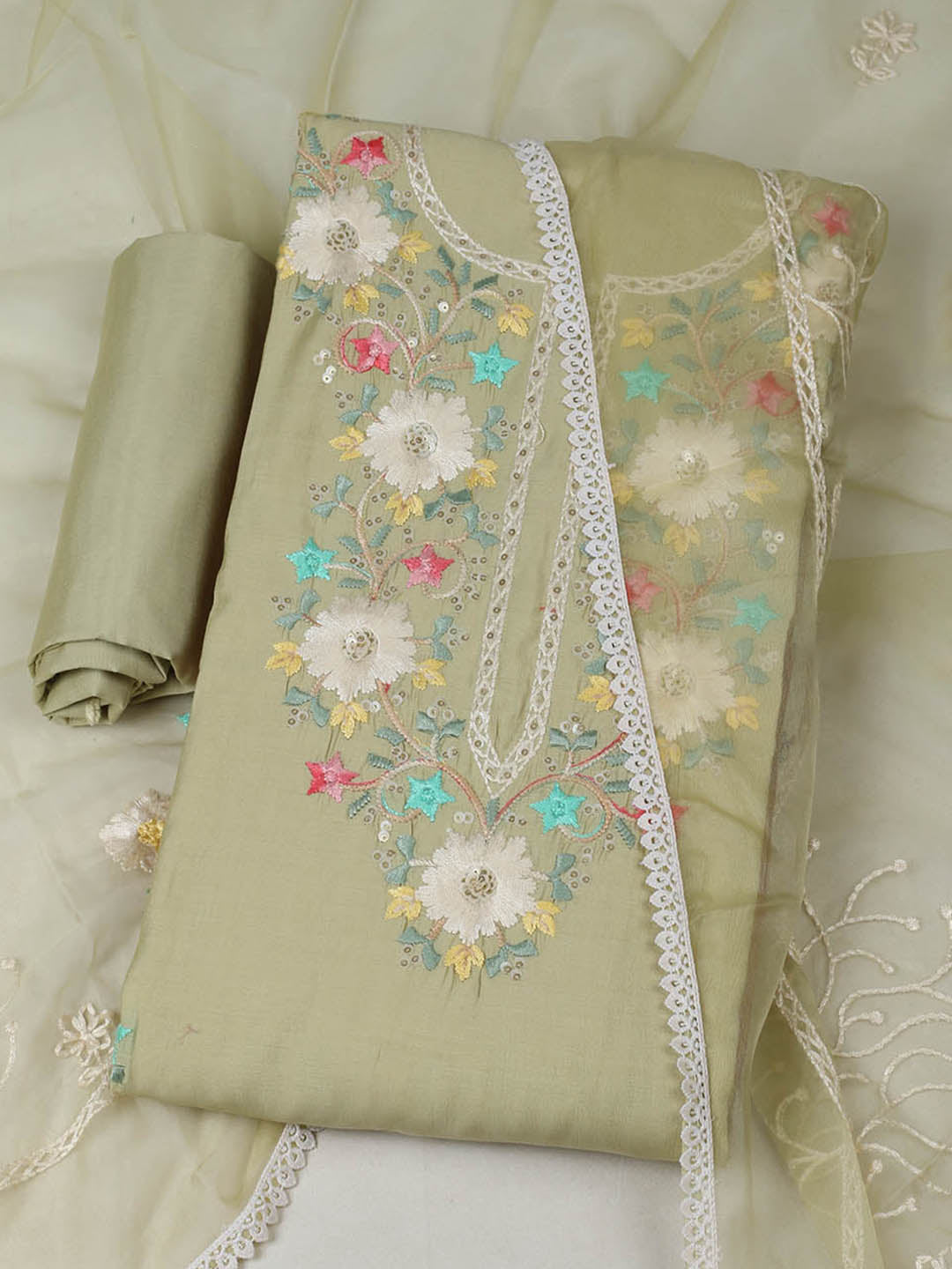Embroidered Chanderi Unstitched Suit With Pant &amp; Dupatta