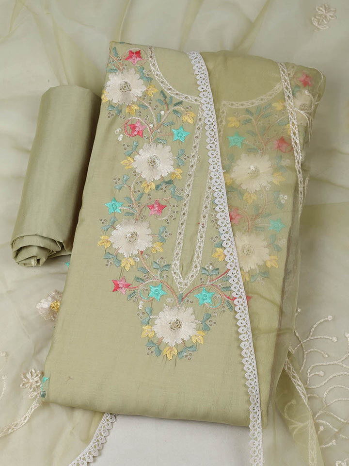 Embroidered Chanderi Unstitched Suit With Pant &amp; Dupatta