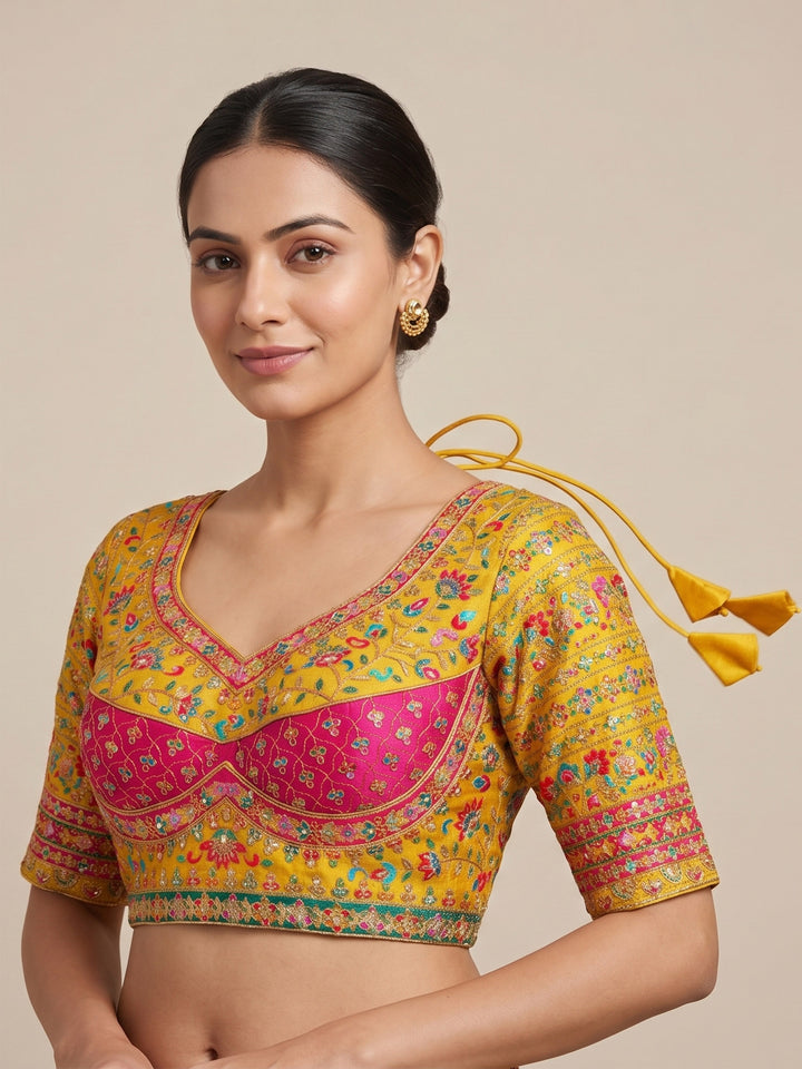 Premium Mustard Embroidery Viscose Blouse Piece