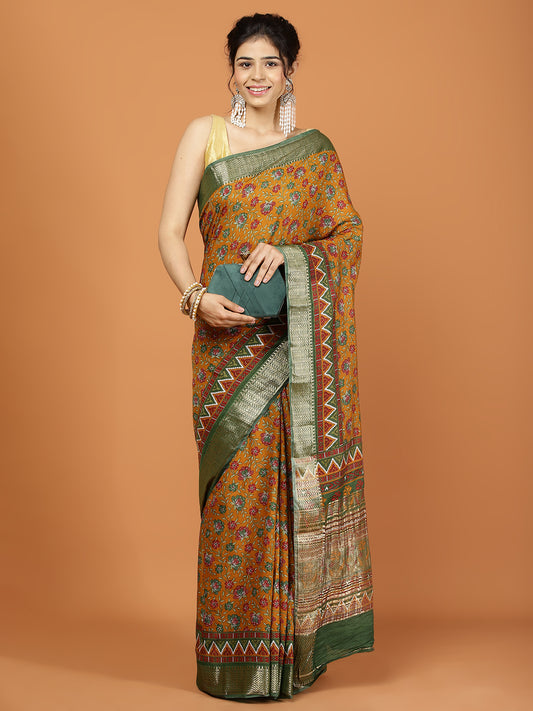 Floral Zari Border Printed Art Silk Woven Saree