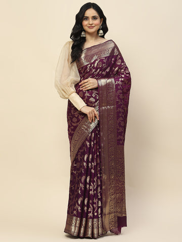 Floral Zari Jaal Crepe Plain Saree