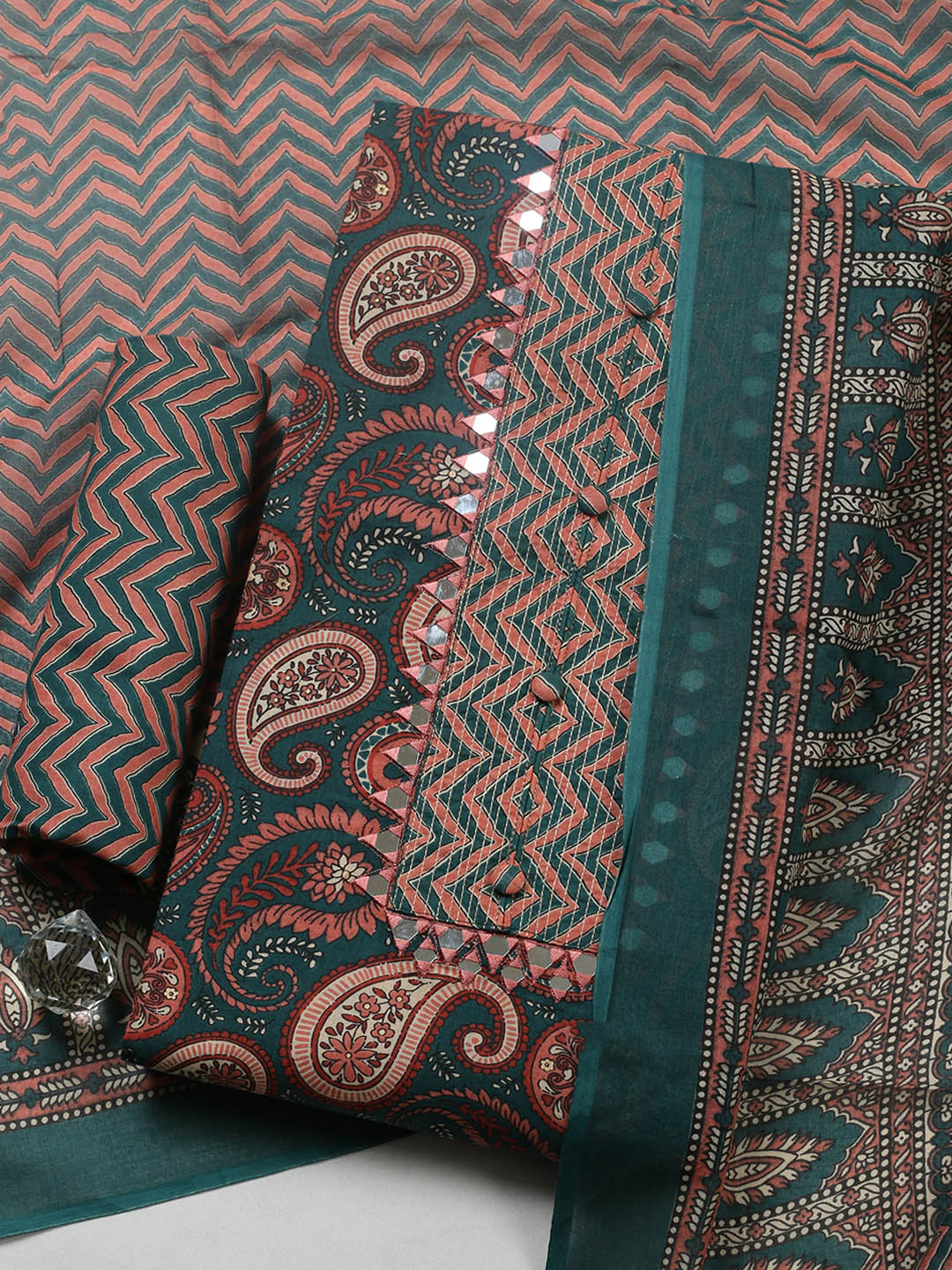 Embroidered Cotton Blend Unstitched Suit With Pant &amp; Dupatta