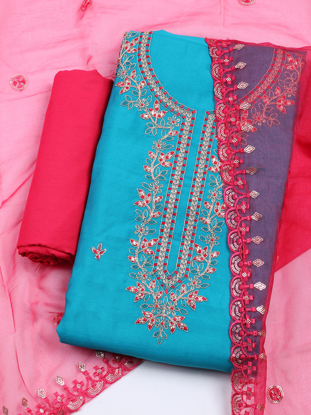 Neck Embroidered Chanderi Unstitched Suit With Dupatta