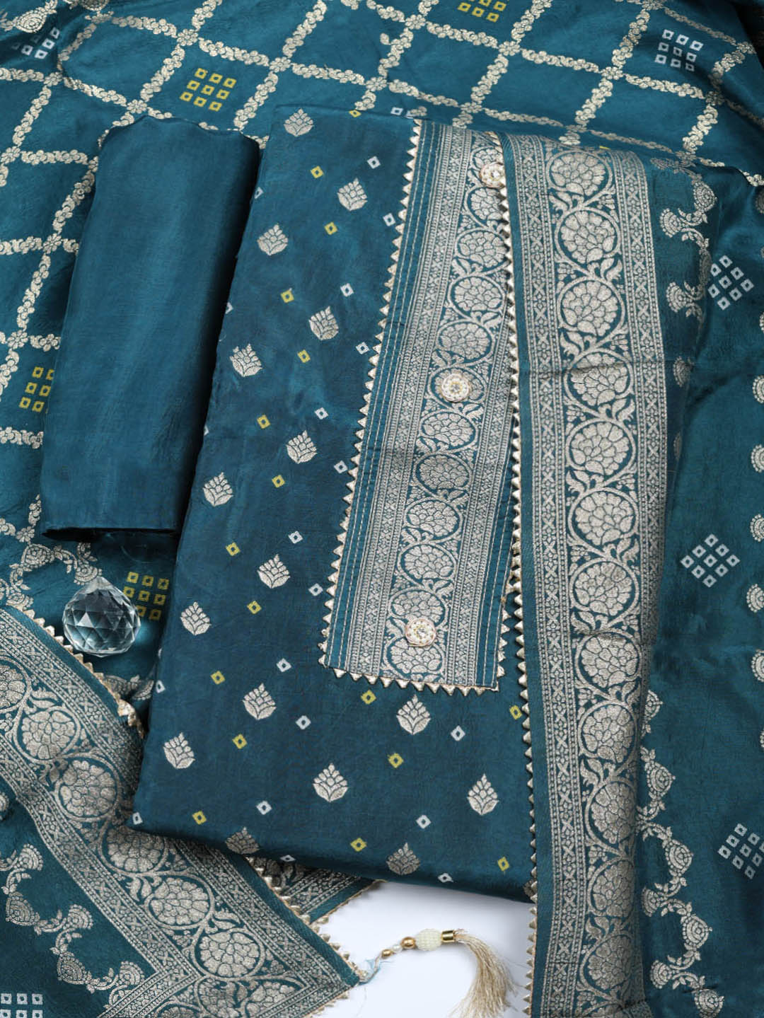 Embroidered Chanderi Unstitched Suit With Pant &amp; Dupatta