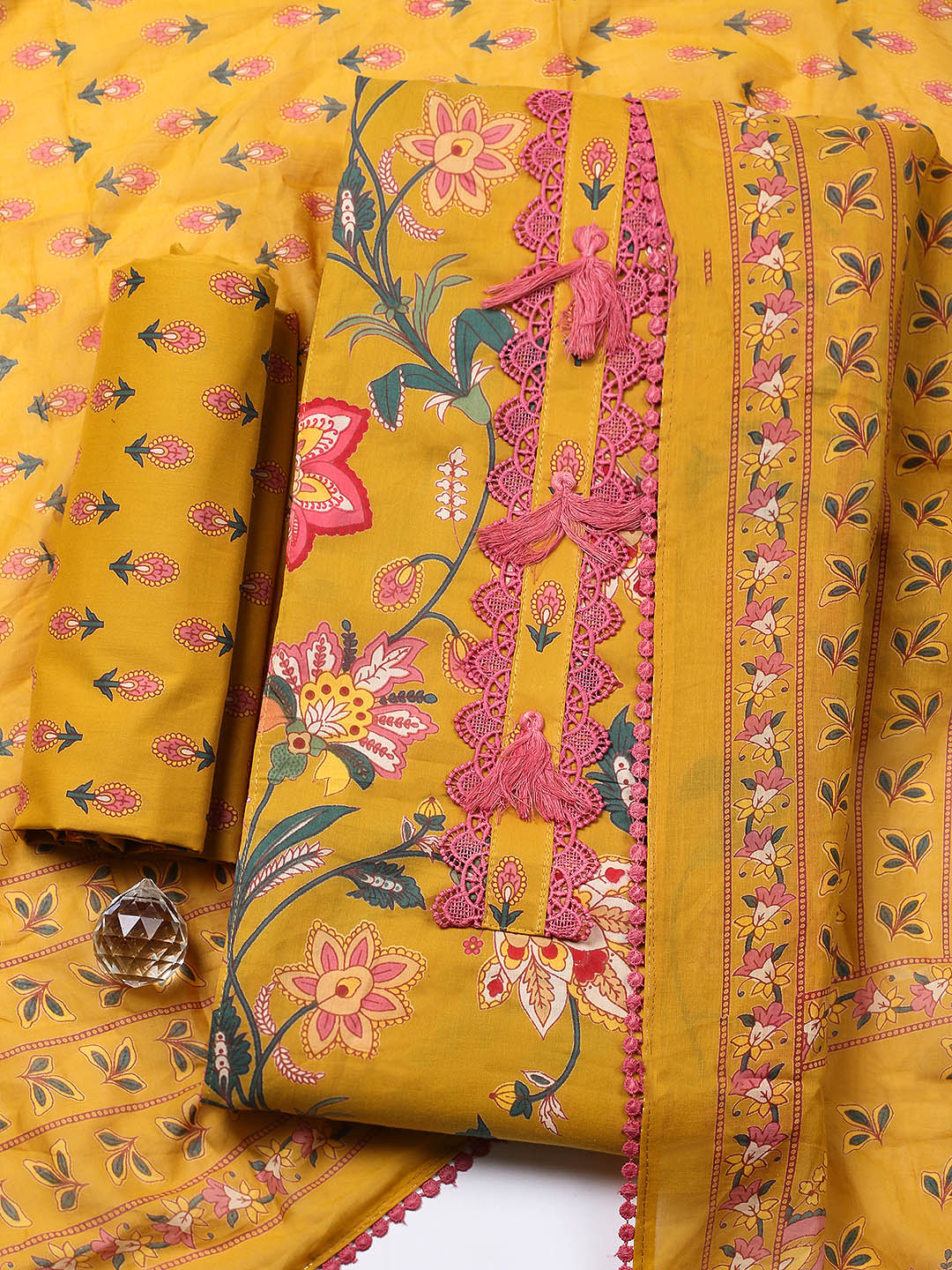 Embroidered Cotton Blend Unstitched Suit With Pant &amp; Dupatta