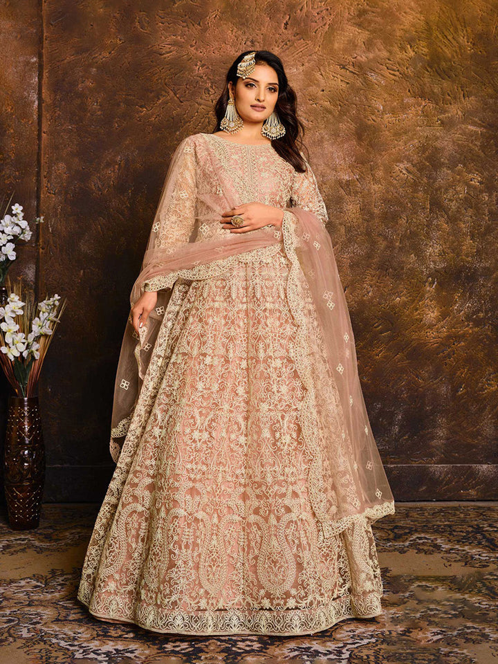 Embroidered Net Semi Stitched Kurta With Pant &amp; Dupatta