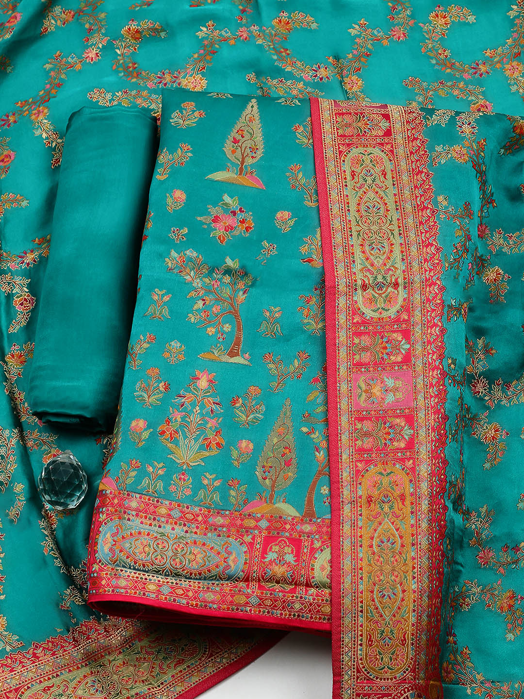 Woven Design Satin Unstitched Suit With Pant &amp; Dupatta