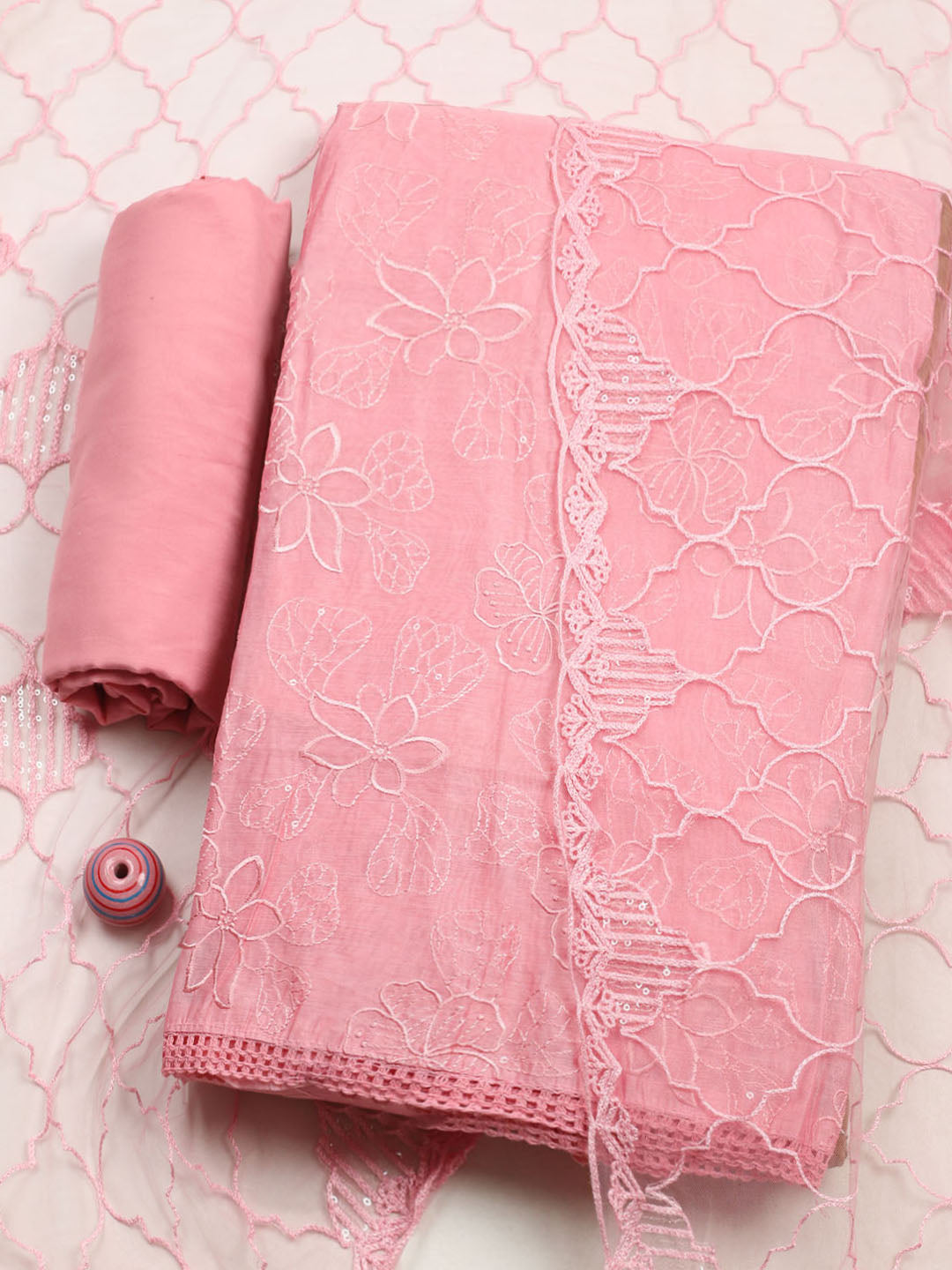Embroidered Chanderi Unstitched Suit With Pant &amp; Dupatta