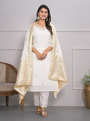 Neck Embroidery Cotton Blend Kurta With Pants & Dupatta