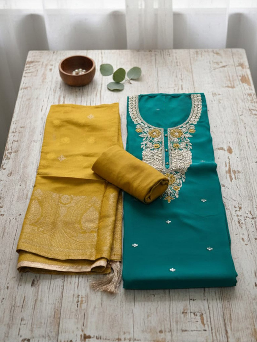 Embroidered Chanderi Unstitched Suit With Pant &amp; Dupatta