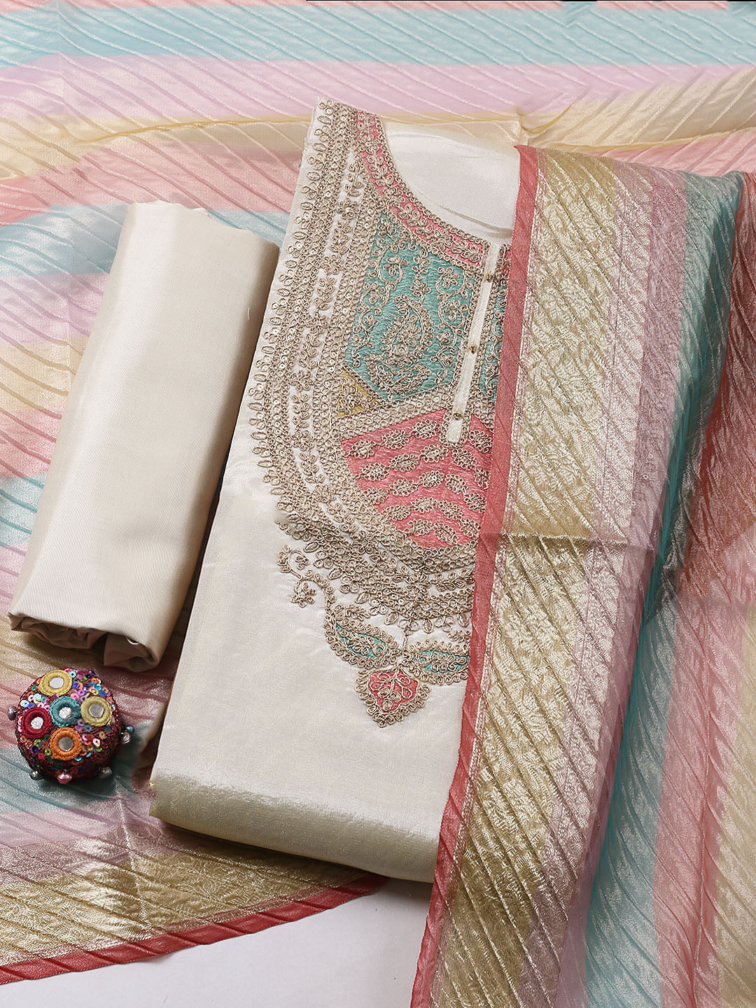 Embroidered Tissue Unstitched Suit With Pant &amp; Dupatta
