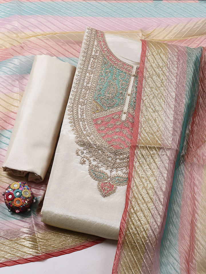 Embroidered Tissue Unstitched Suit With Pant &amp; Dupatta