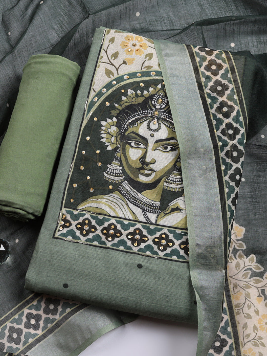 Printed Linen Blend Unstitched Suit With Pant &amp; Dupatta