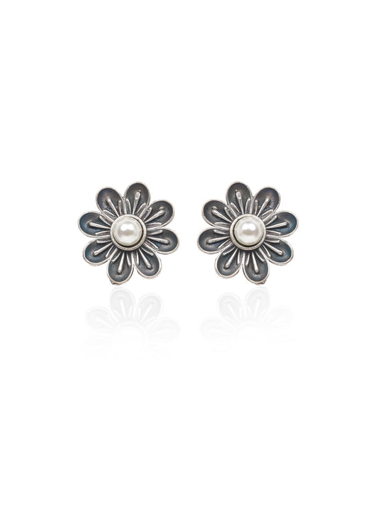 White Pearl Flower Oxidized Earring