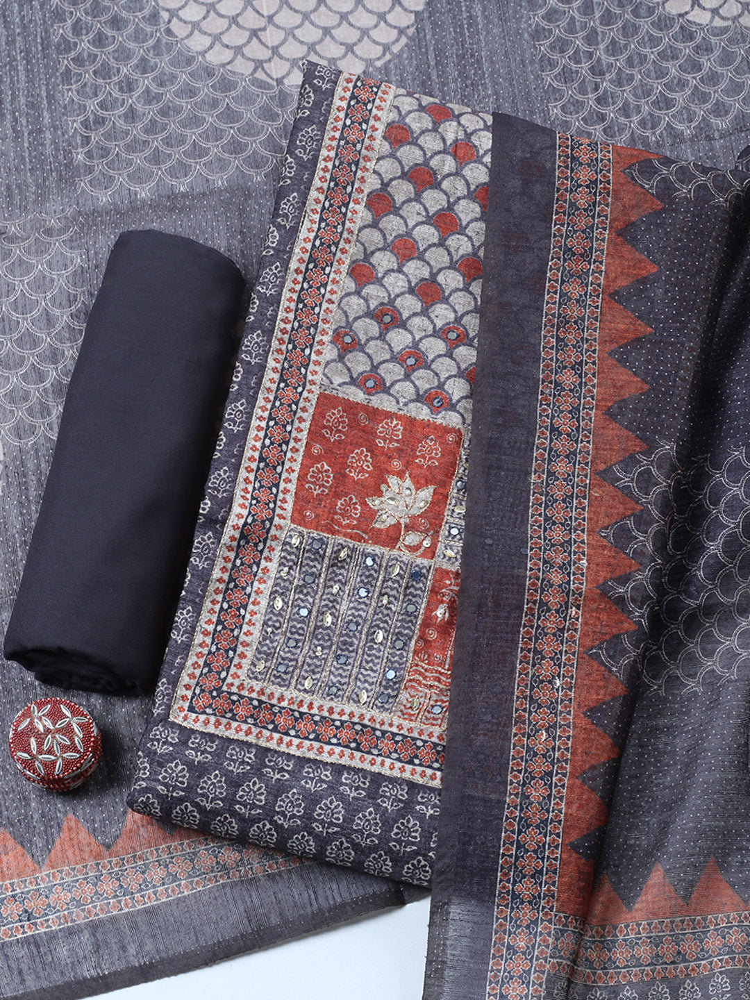 Embroidered Chanderi Unstitched Suit With Pant &amp; Dupatta