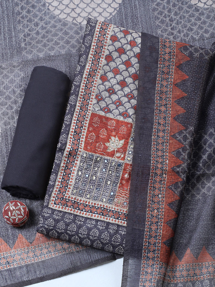 Embroidered Chanderi Unstitched Suit With Pant &amp; Dupatta