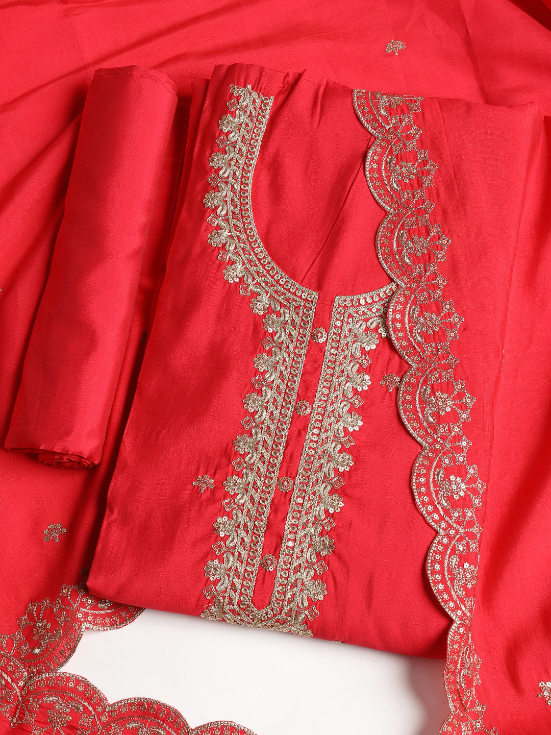 Neck Embroidered Chanderi Unstitched Suit With Dupatta
