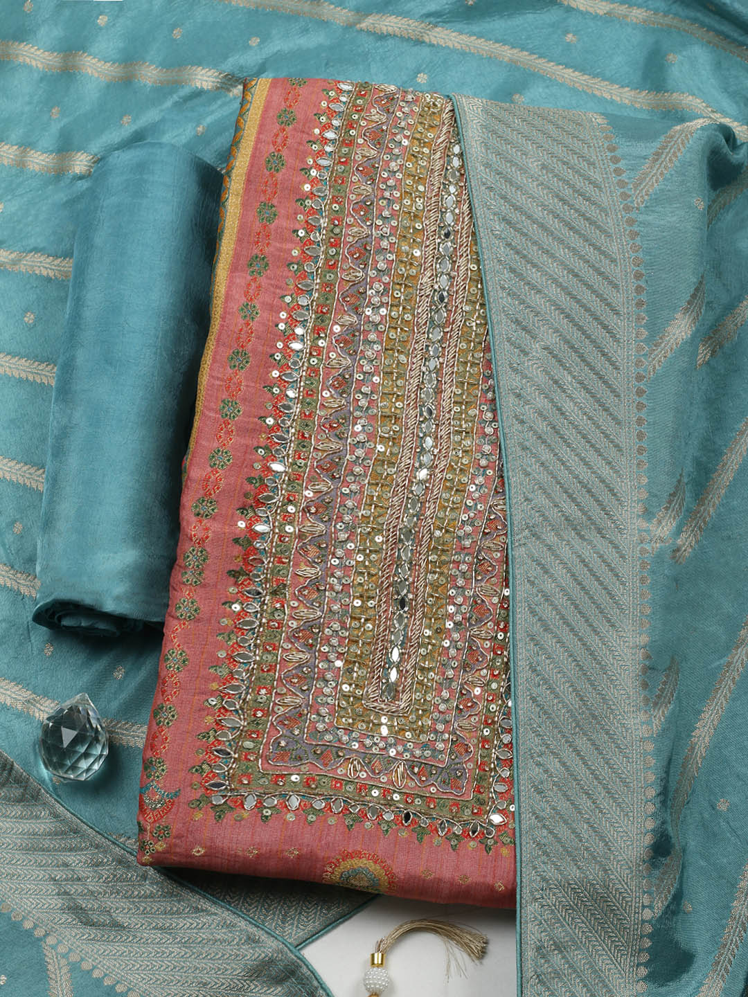 Embroidered Chanderi Unstitched Suit With Pant &amp; Dupatta