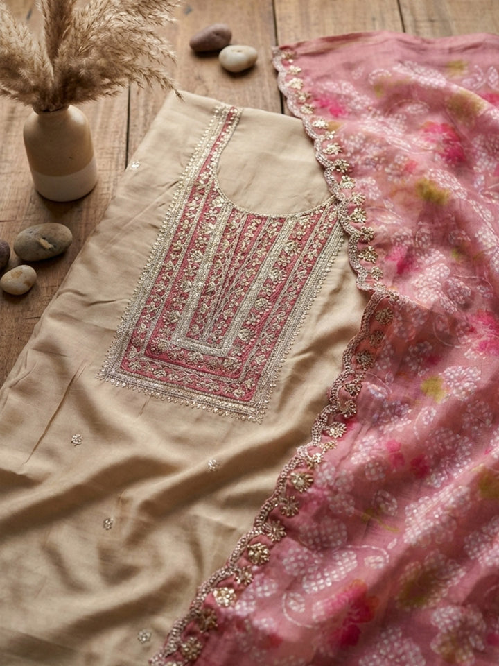 Embroidered Chanderi Unstitched Suit With Pant &amp; Dupatta