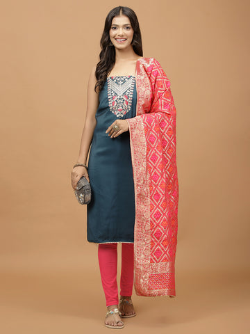 Neck Embroidered Chanderi Unstitched Suit Piece With Dupatta