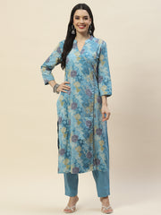 Floral Print Cotton Kurta With Pants