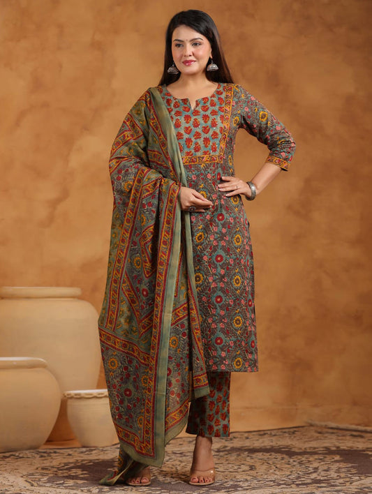 Printed Cotton Blend Kurta With Pants & Dupatta