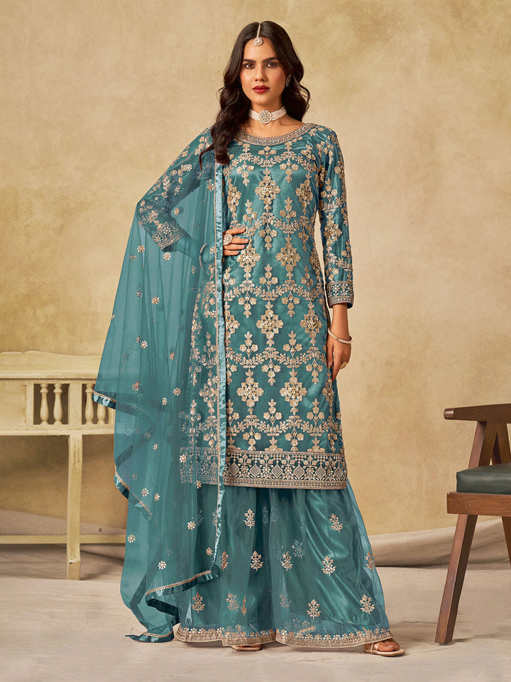 Embroidered Net  Semi Stitched Kurta With Sharara &amp; Dupatta