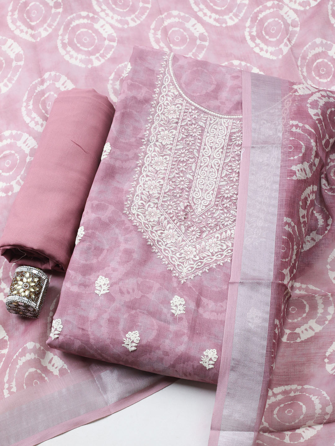 Embroidered Linen Blend Unstitched Suit With Pant Dupatta