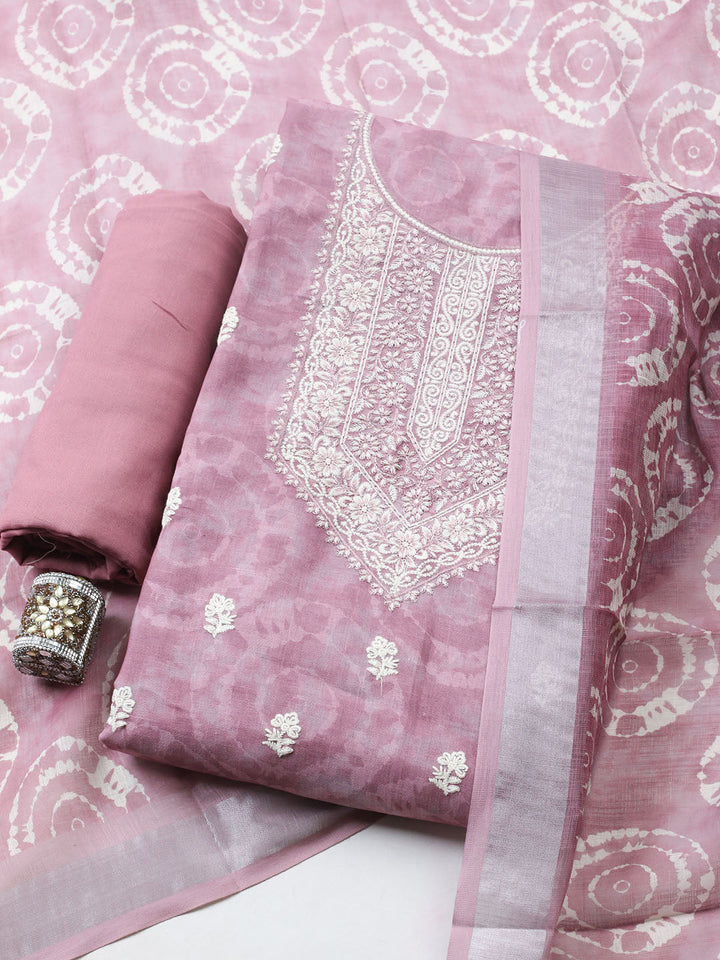 Embroidered Linen Blend Unstitched Suit With Pant Dupatta