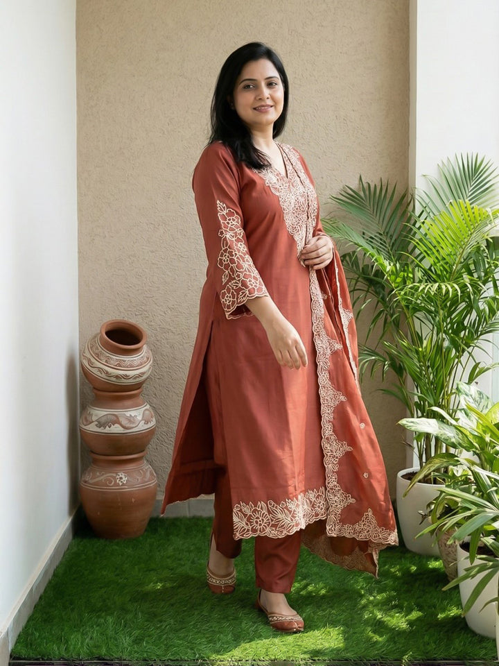 Peach Cotton Blend Printed Straight Suit Set