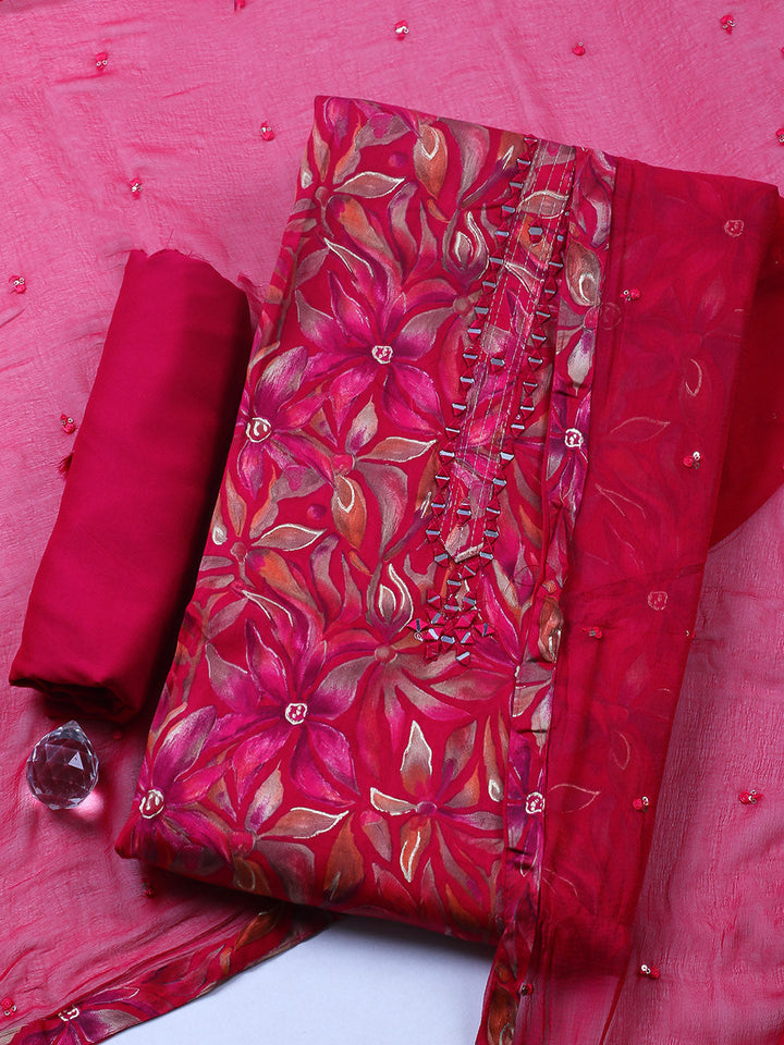 Embroidered Cotton Blend Unstitched Suit With Pant &amp; Dupatta