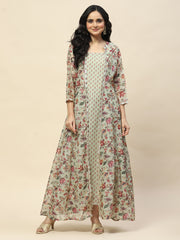 Floral Printed Cotton Gown Dress With Jacket