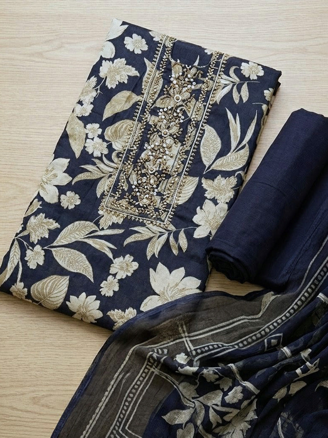 Printed Cotton Blend Unstitched Suit With Pant &amp; Dupatta