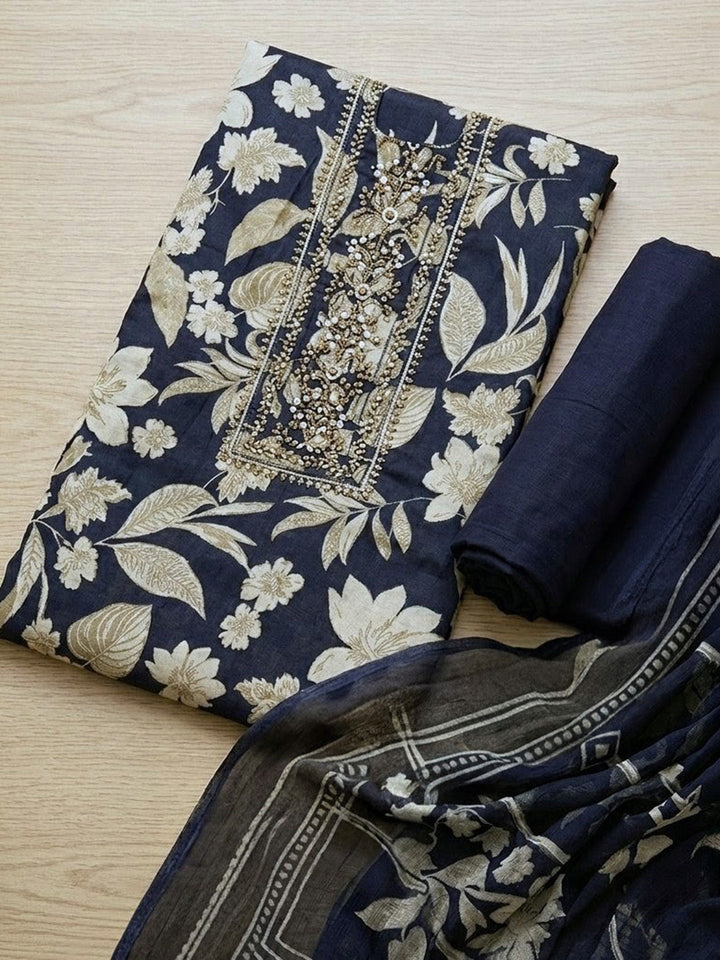 Printed Cotton Blend Unstitched Suit With Pant &amp; Dupatta