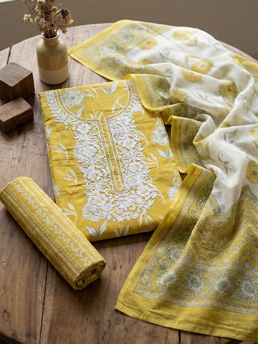 Embroidered Cotton Blend Unstitched Suit With Pant &amp; Dupatta