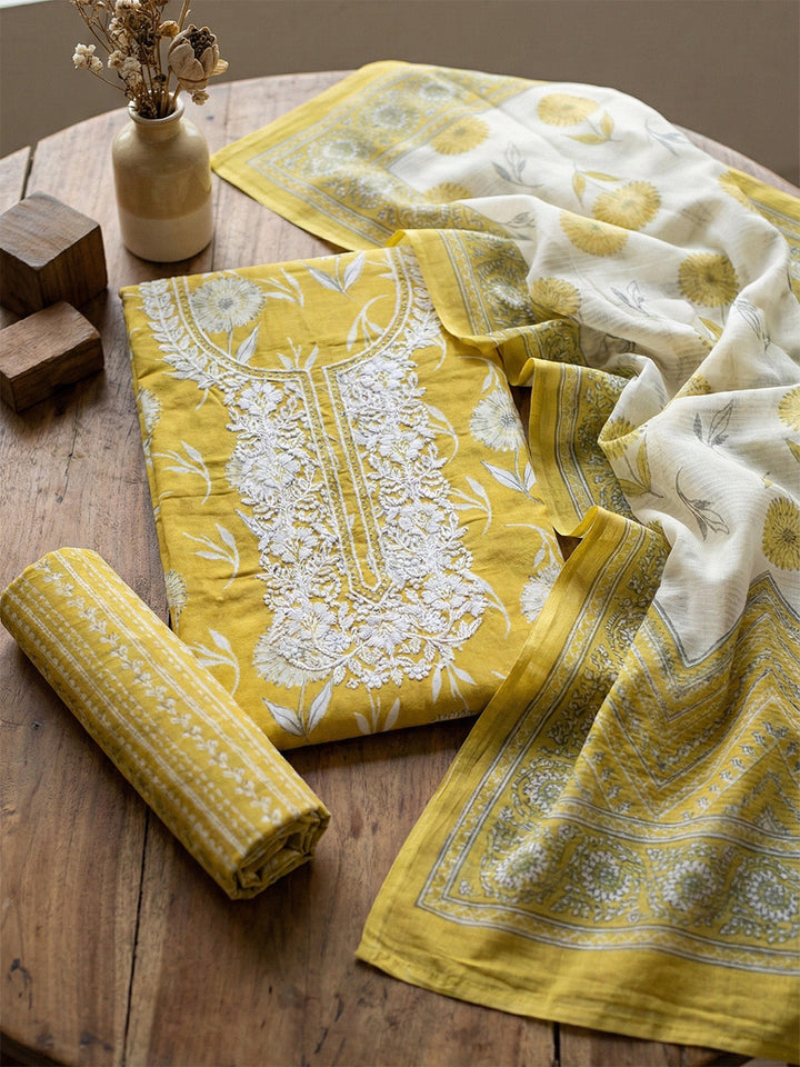 Embroidered Cotton Blend Unstitched Suit With Pant &amp; Dupatta