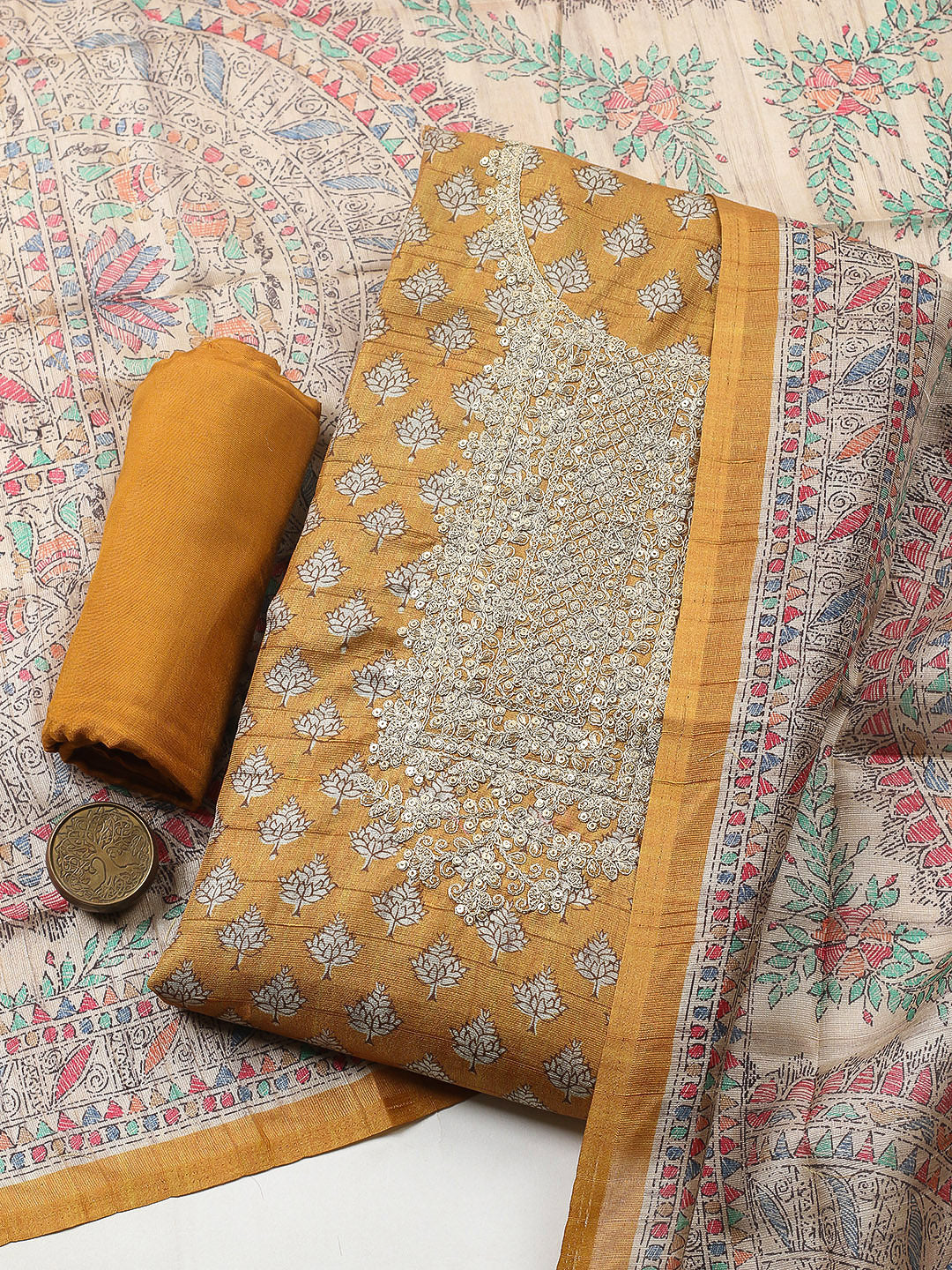 Embroidered Cotton Blend Unstitched Suit With Pant &amp; Dupatta