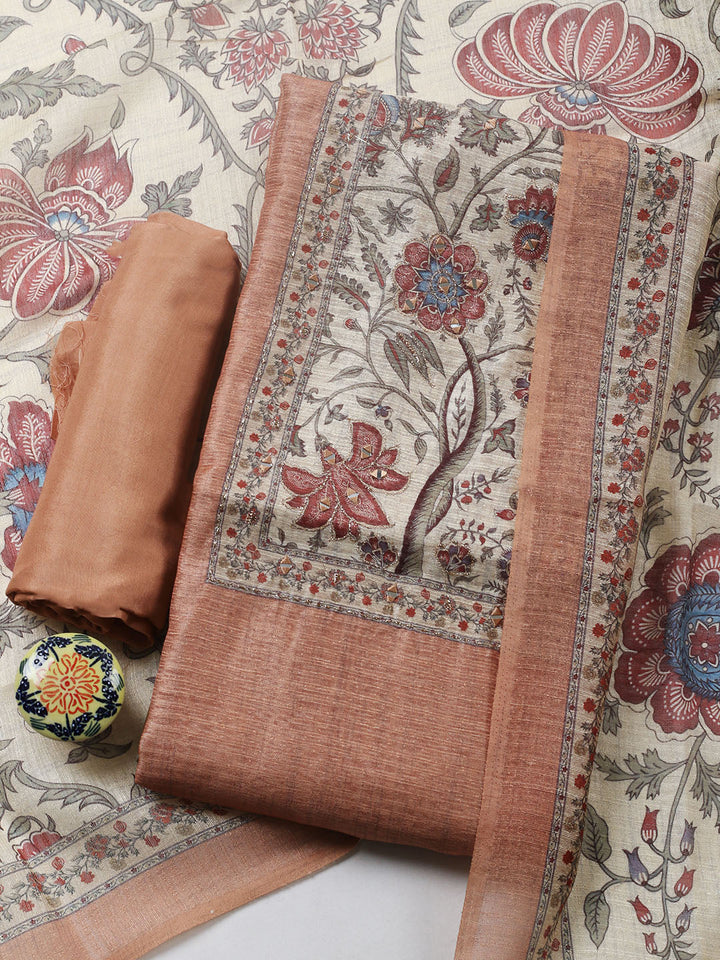 Embroidered Chanderi Unstitched Suit With Pant &amp; Dupatta