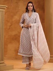 Printed Cotton Blend Kurta With Pants & Dupatta