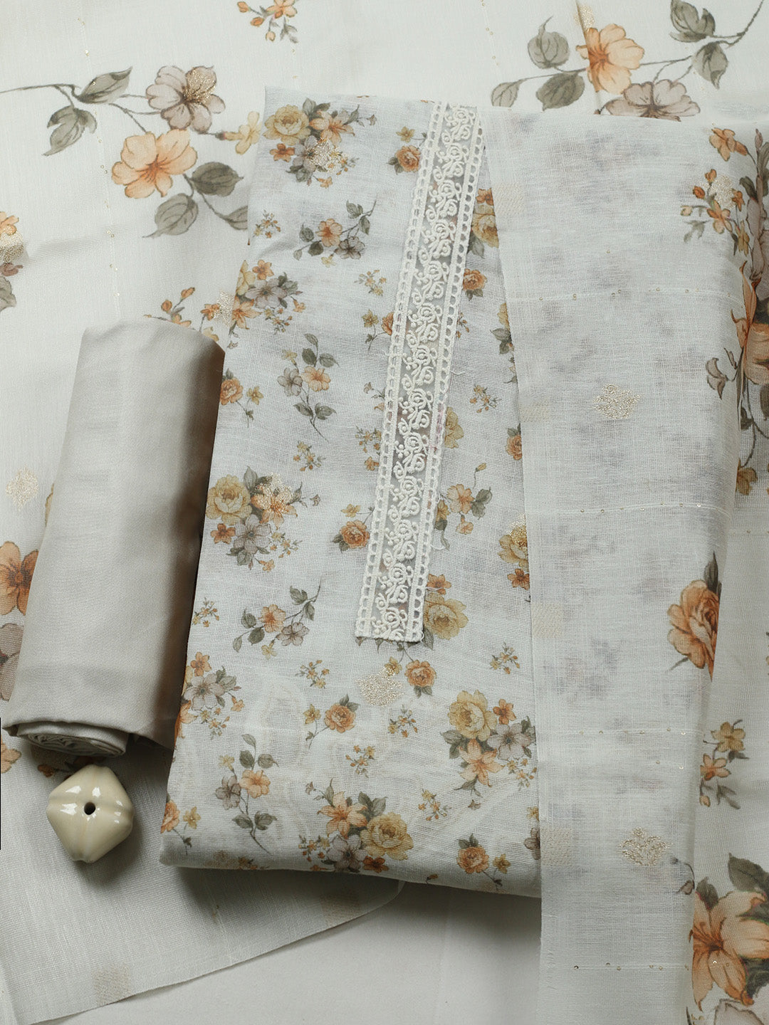 Embroidered Linen Blend Unstitched Suit With Pant &amp; Dupatta
