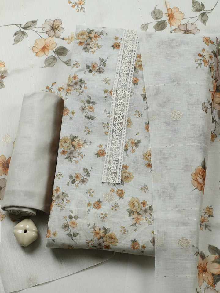 Embroidered Linen Blend Unstitched Suit With Pant &amp; Dupatta