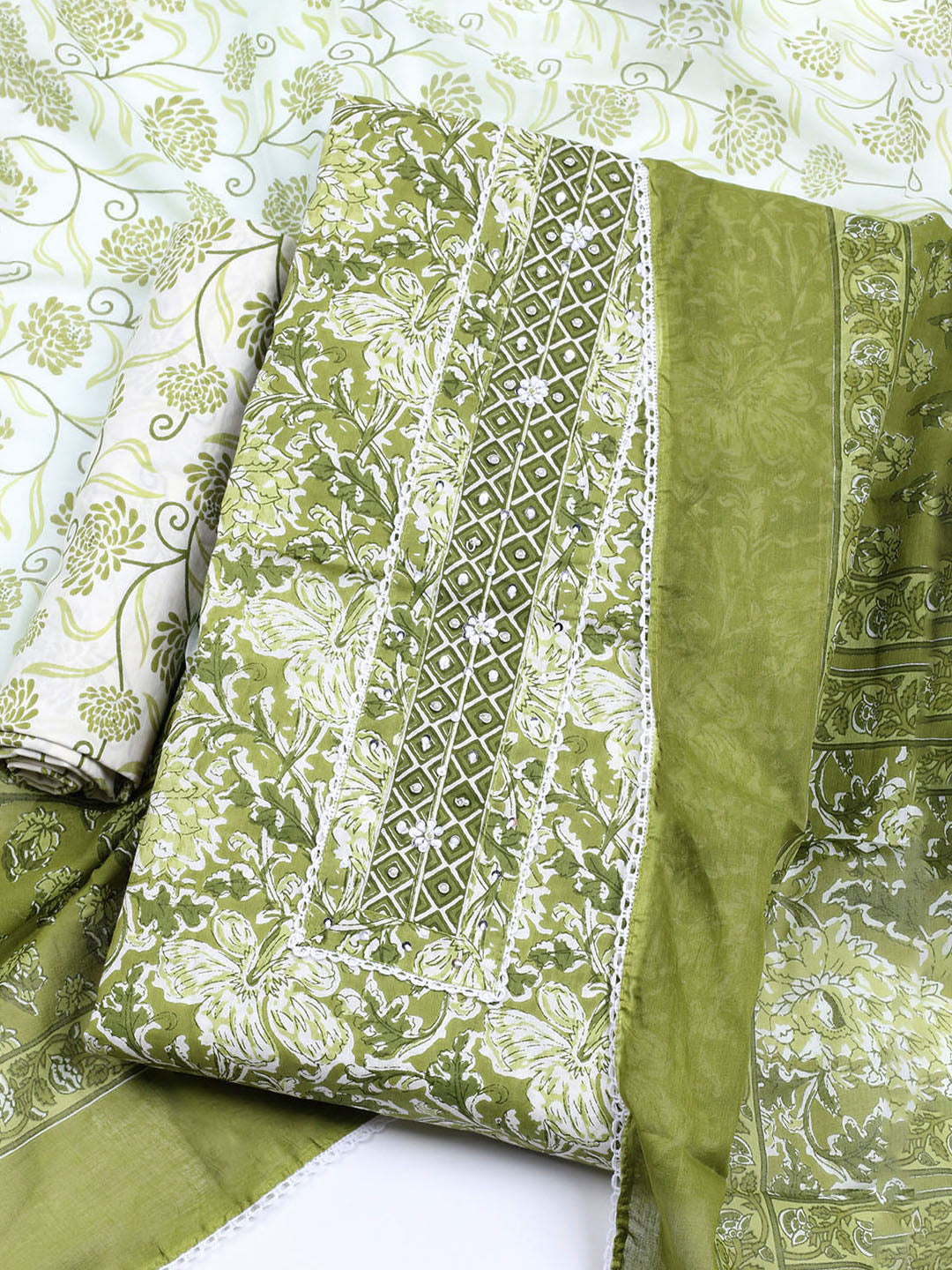 Printed Cotton Blend Unstitched Suit With Dupatta