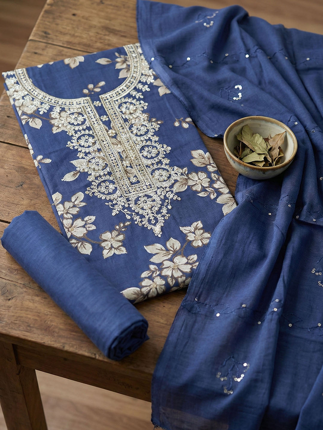 Embroidered Cotton Blend Unstitched Suit With Pant &amp; Dupatta