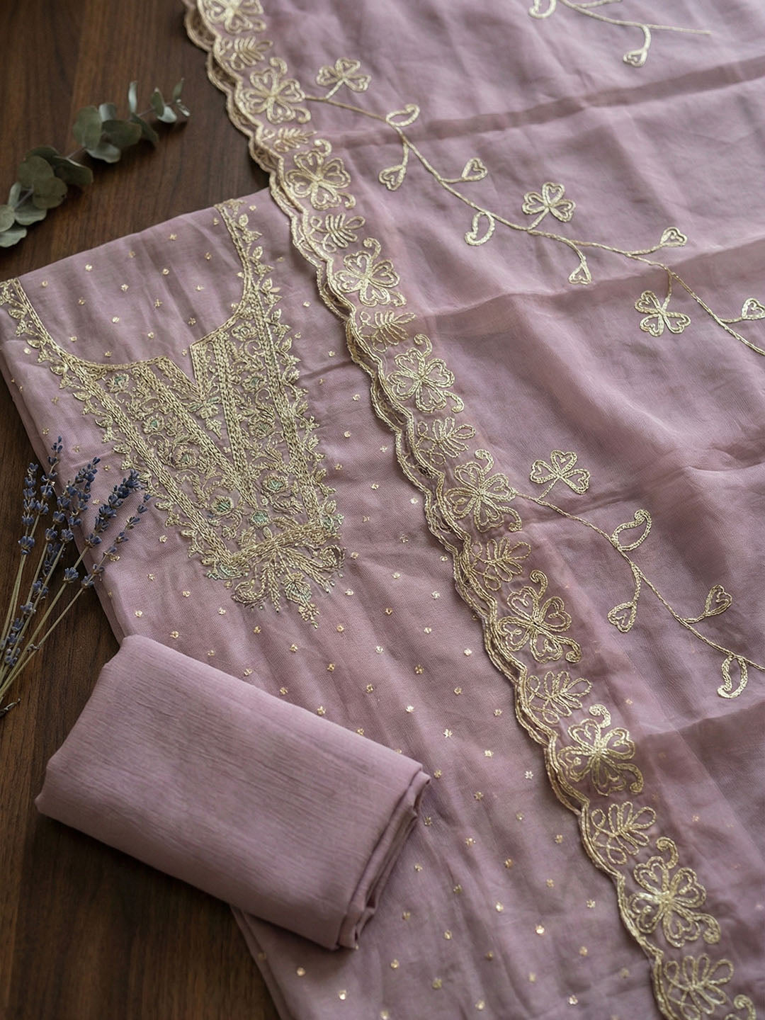 Embroidered Chanderi Unstitched Suit With Pant &amp; Dupatta