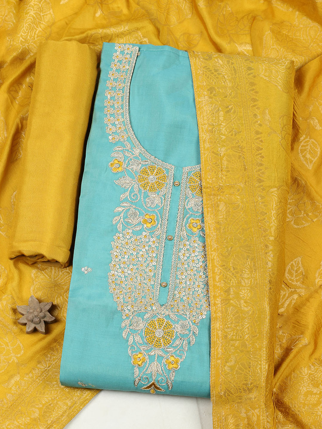 Embroidered Chanderi Unstitched Suit With Pant &amp; Dupatta