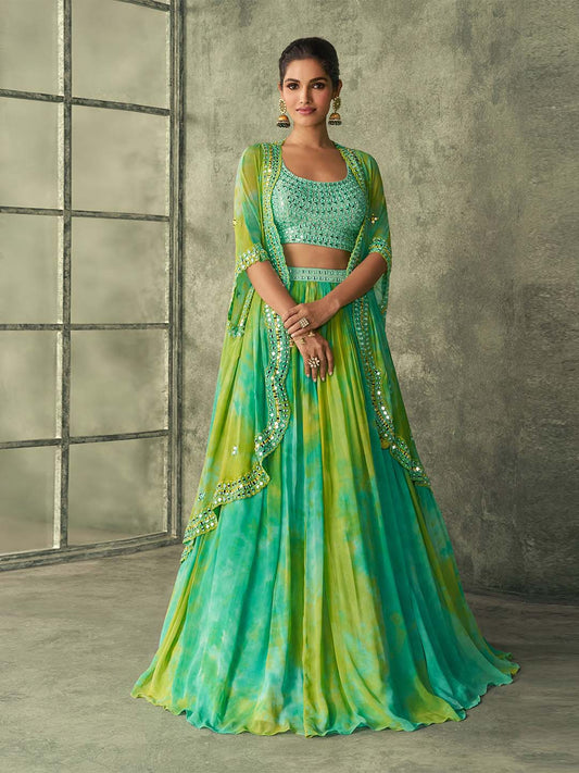 Mirror Thread Georgette Blouse And Jacket Style Lehenga