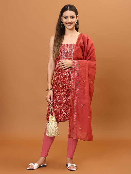 Neck Embroidery & Printed Cotton Unstitched Suit Piece With Dupatta