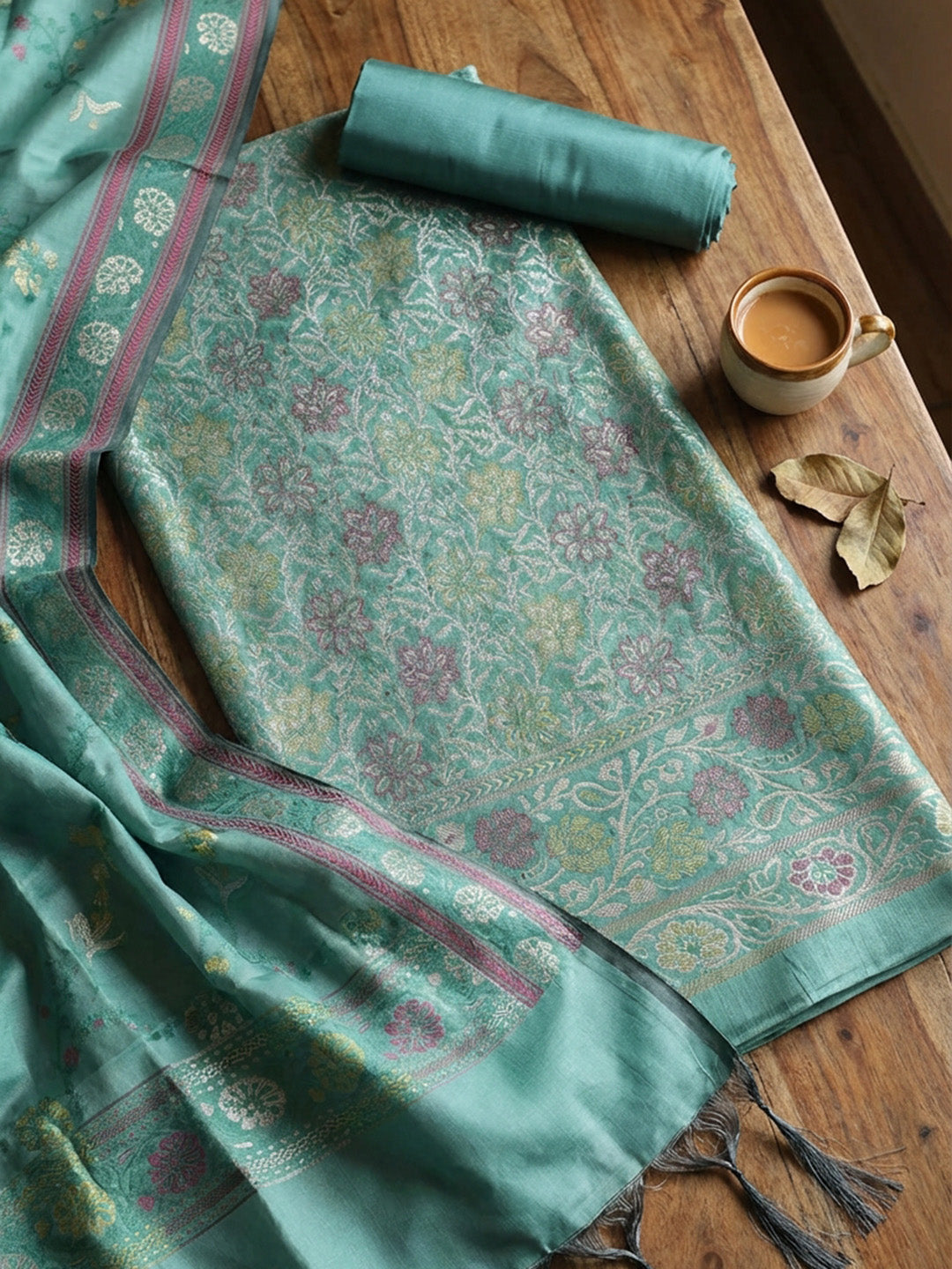 Woven Design Chanderi Unstitched Suit With Pant &amp; Dupatta